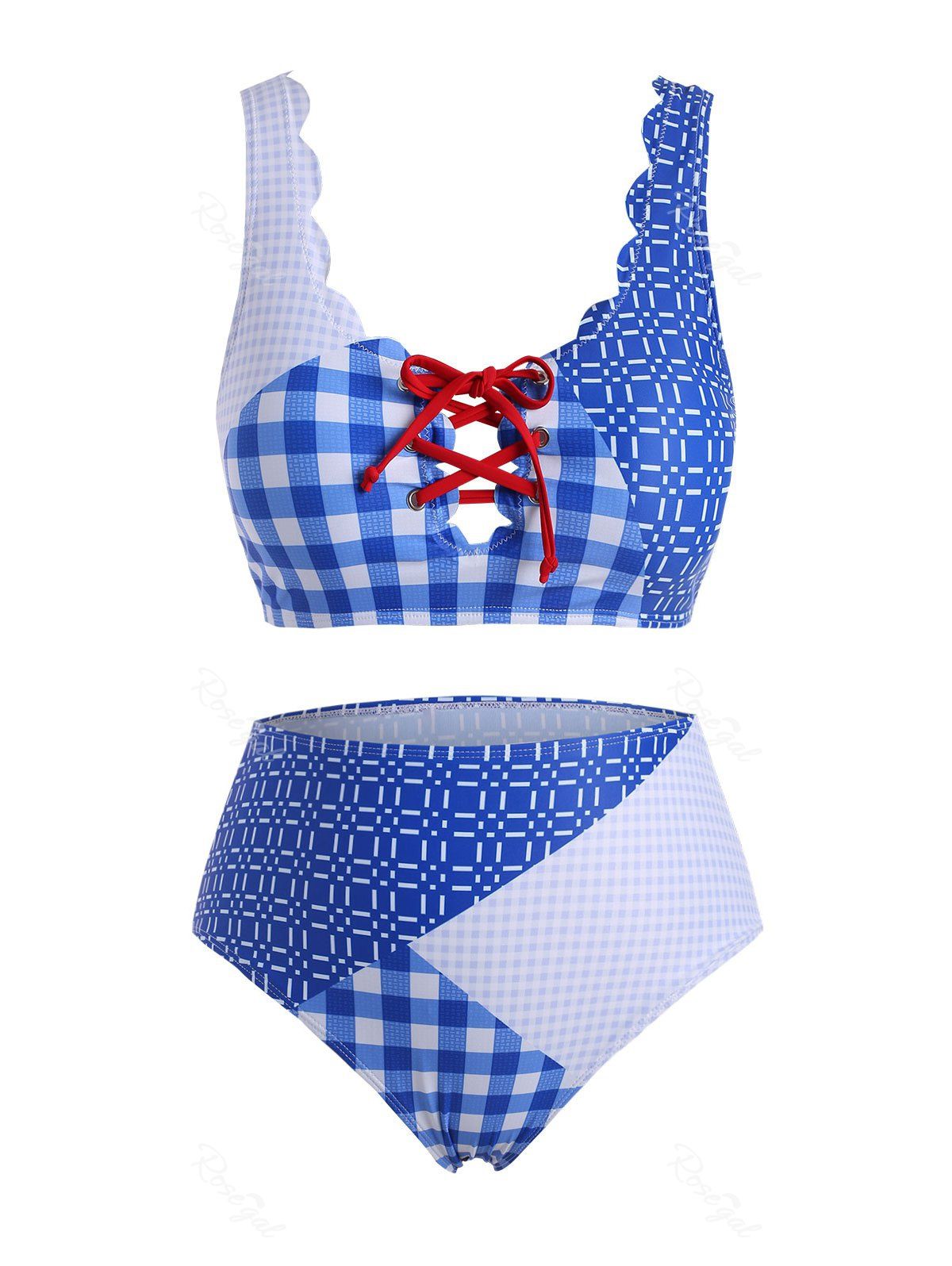 

Scalloped Trim Plaid Panel Lace Up Plus Size Bikini Swimsuit, Sky blue