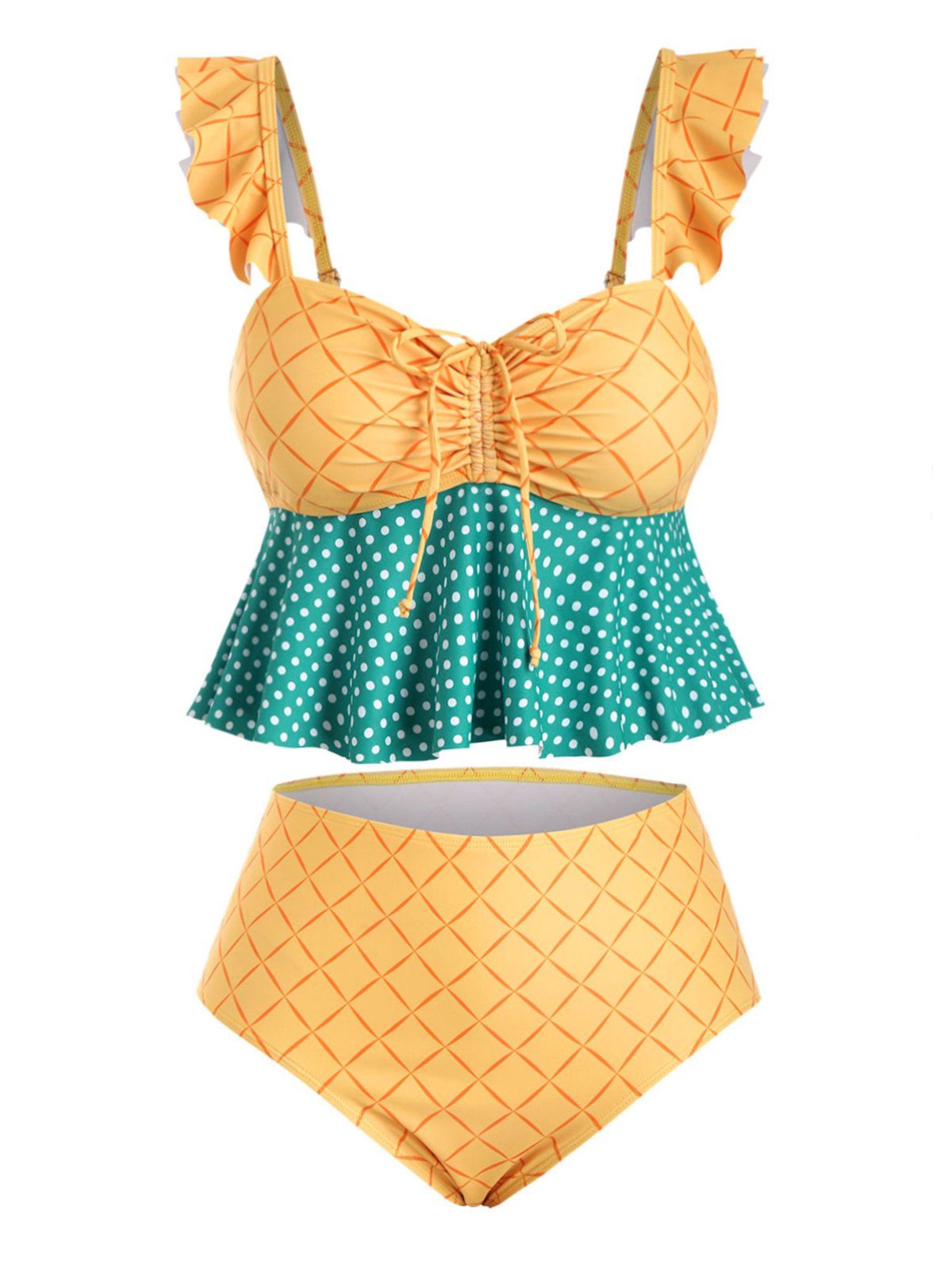 

Cinched Front Flounced Checked Polka Dot Plus Size Tankini Swimwear, Yellow