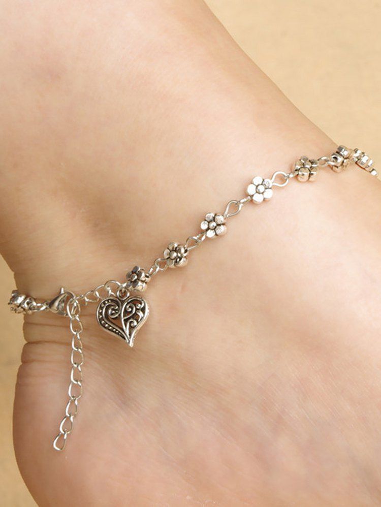 

Chain Hollow Heart Flower Beach Anklet, Silver