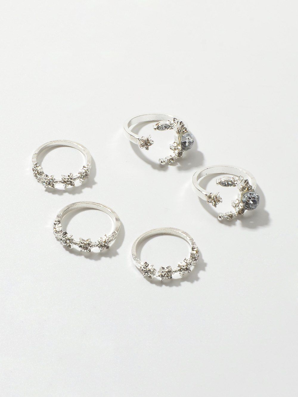 

5Pcs Rhinestone Stars Moon Ring Set, Silver