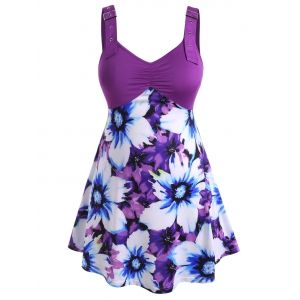 

Buckle Straps Gathered Front Floral Plus Size Tank Top, Purple