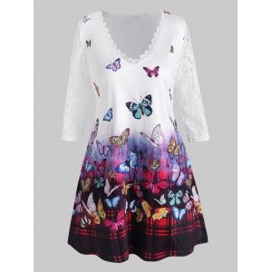 

Plus Size Butterfly Print Lace Sleeve T Shirt, White