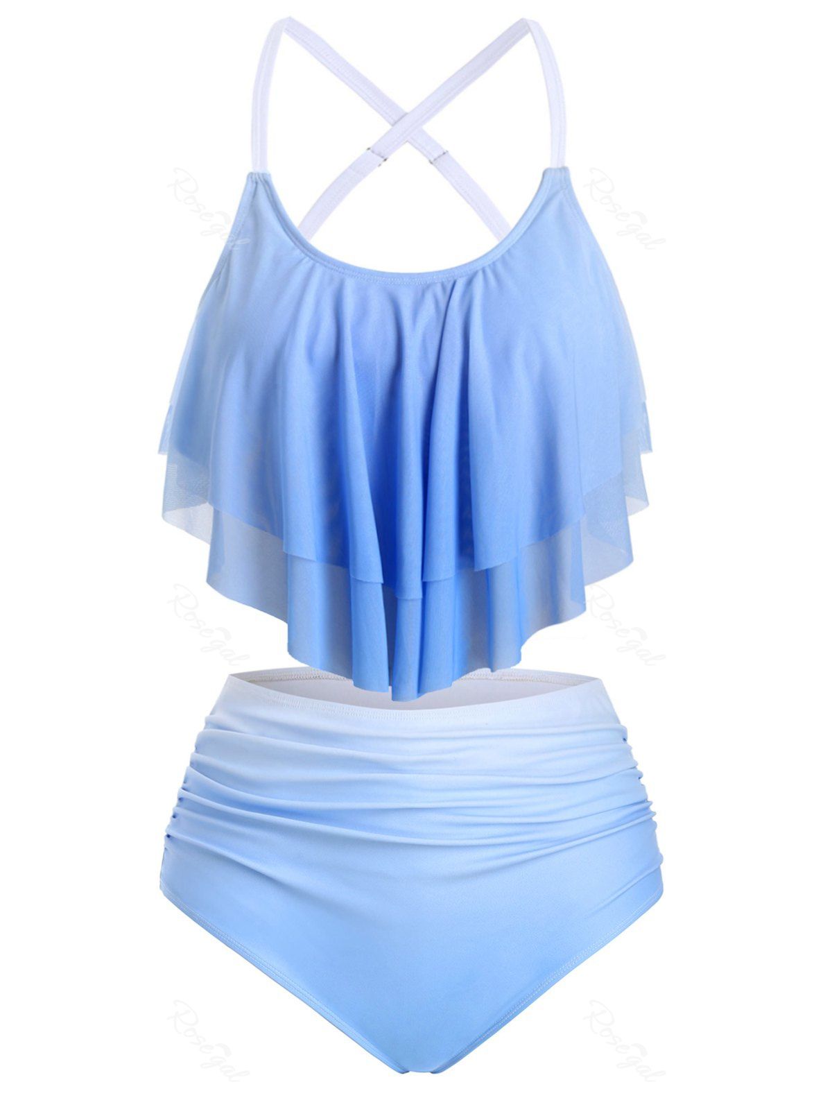 

Criss Cross Layered Flounces Ombre Plus Size Tankini Swimwear, Blue