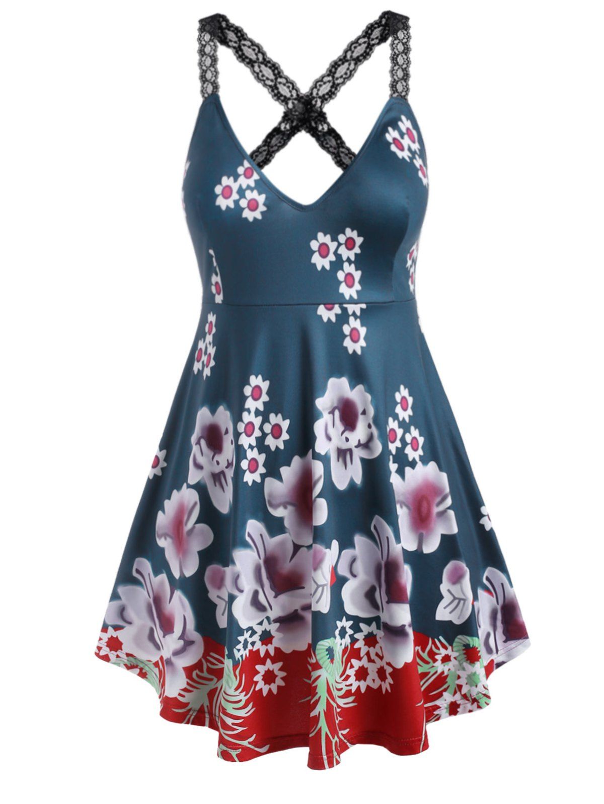 

Lace Straps Criss Cross Floral Plus Size Tank Top, Grayish turquoise