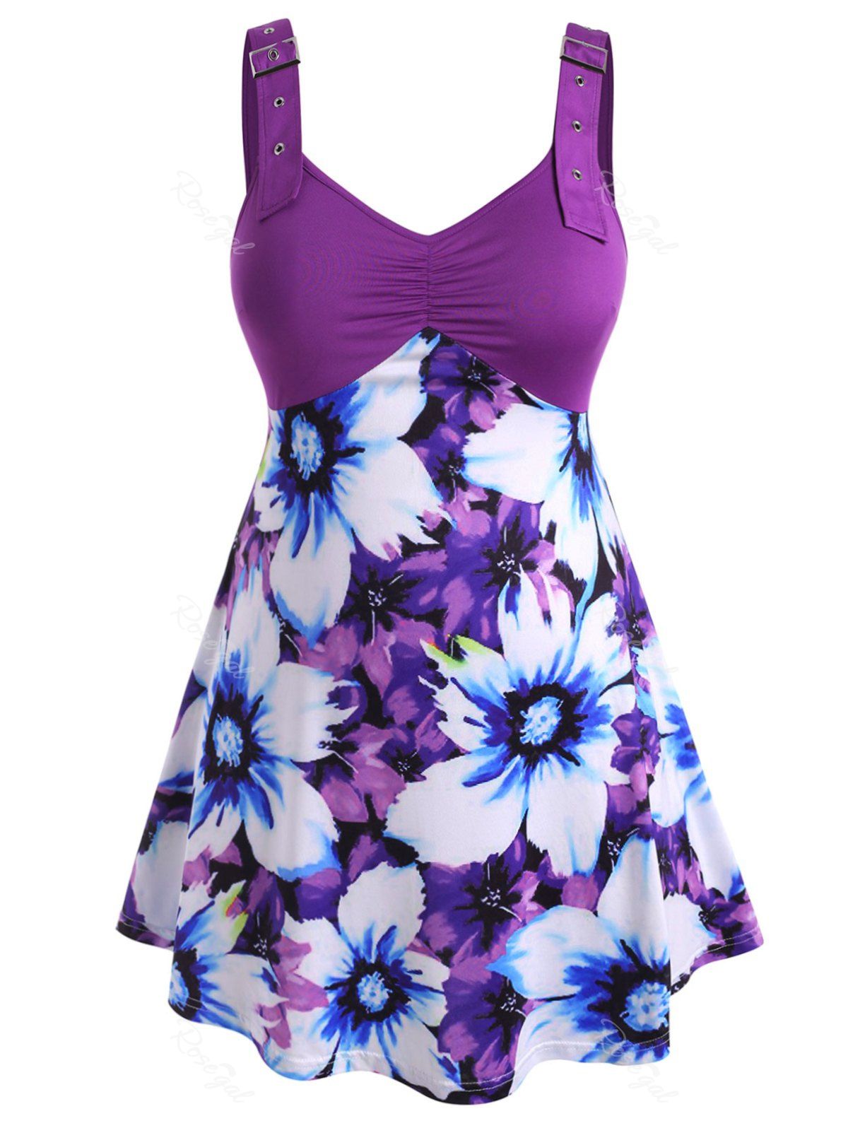 

Buckle Straps Gathered Front Floral Plus Size Tank Top, Purple