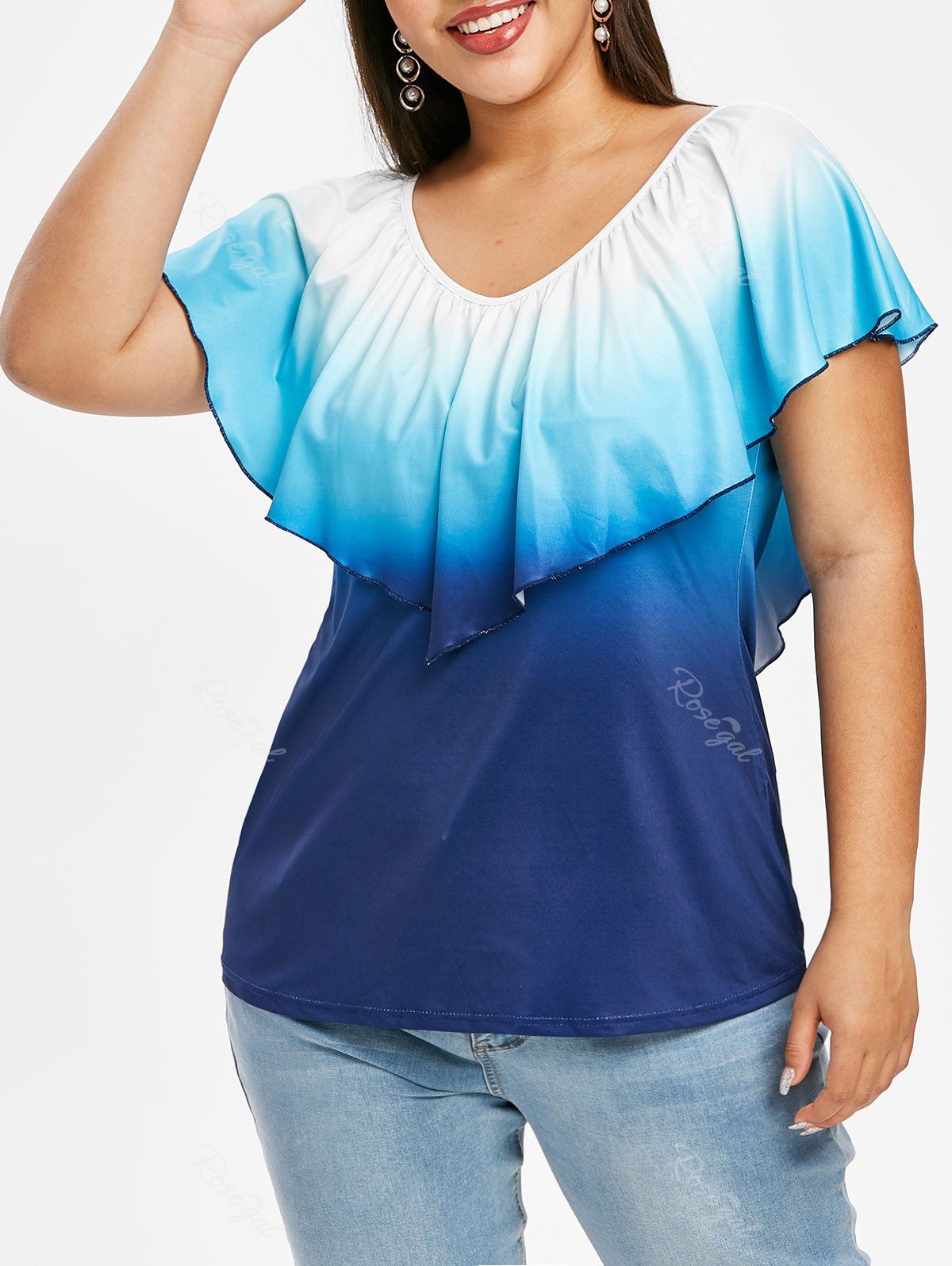 

Overlay Flounces Ombre Plus Size Top, Blue