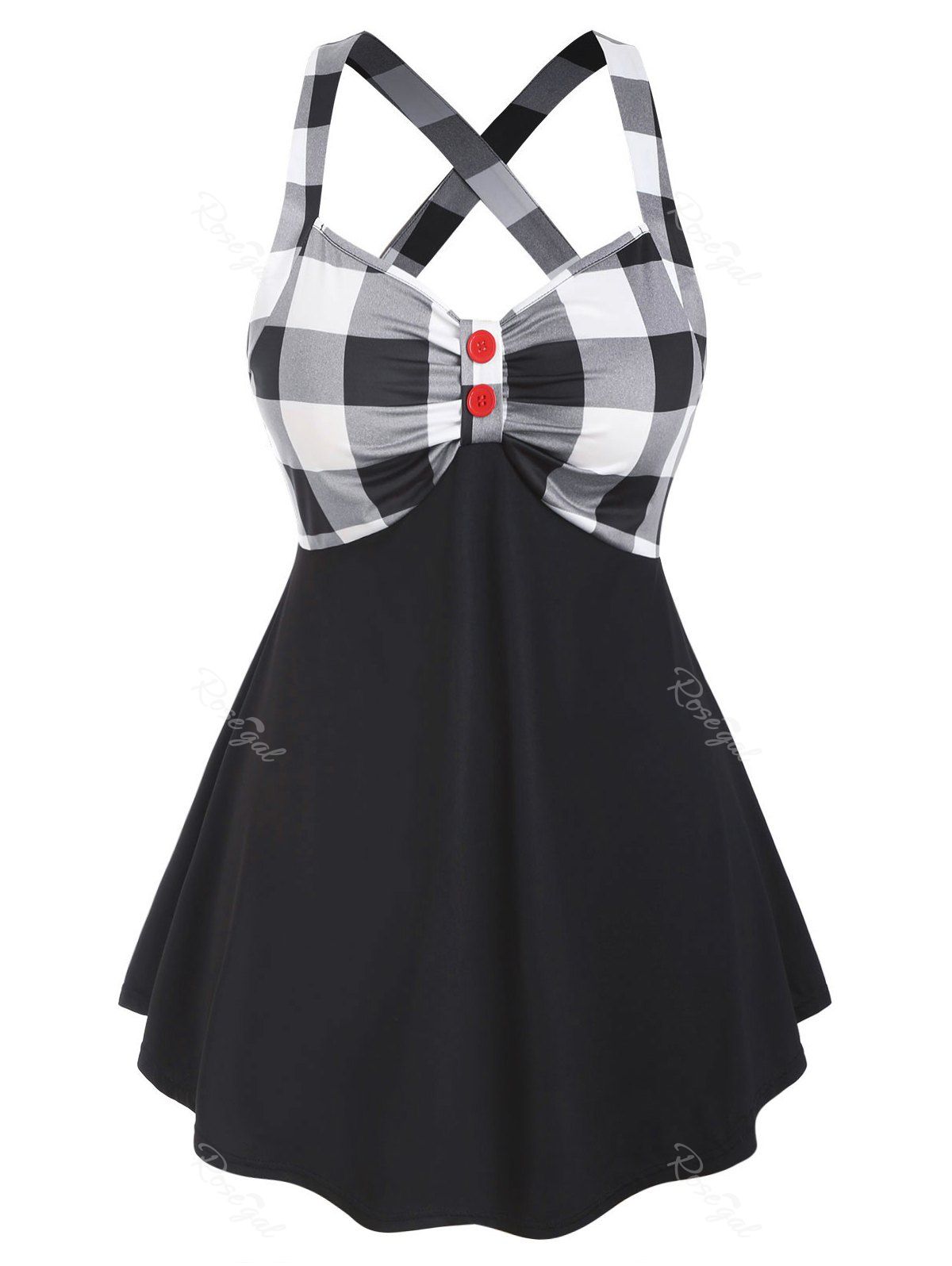 

Two Buttoned Criss Cross Back Plaid Panel Plus Size Tank Top, Black