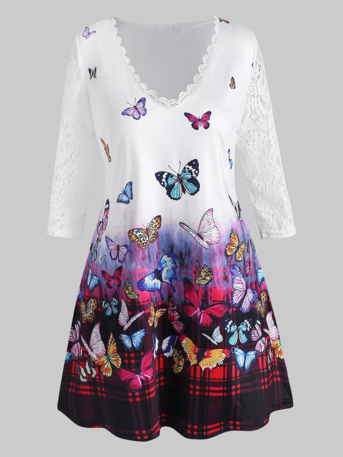 

Plus Size Butterfly Print Lace Sleeve T Shirt, White