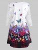 Plus Size Butterfly Print Lace Sleeve T Shirt -  