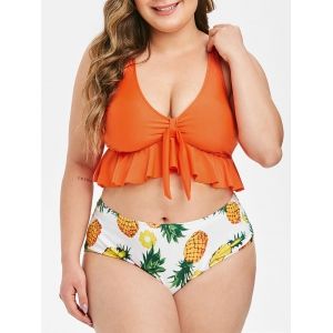 

Tie Front Peplum Hem Pineapple Plus Size Tankini Swimsuit, Papaya orange
