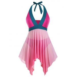

Colorblock Handkerchief Mesh Panel Plus Size Tankini Swimwear, Violet red