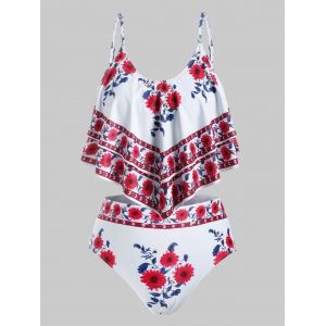 

Layered Flounces Floral Plus Size Tankini Swimsuit, Red