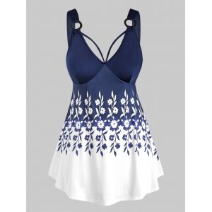 

Curved Hem O Ring Floral Plus Size Tank Top, Deep blue