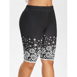 

High Waisted Floral Lace Trim Knee Length Plus Size Leggings, Black