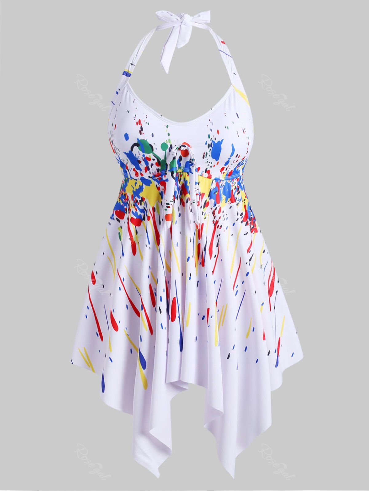 

Knotted Handkerchief Paint Splatter Plus Size Tankini Swimwear, White