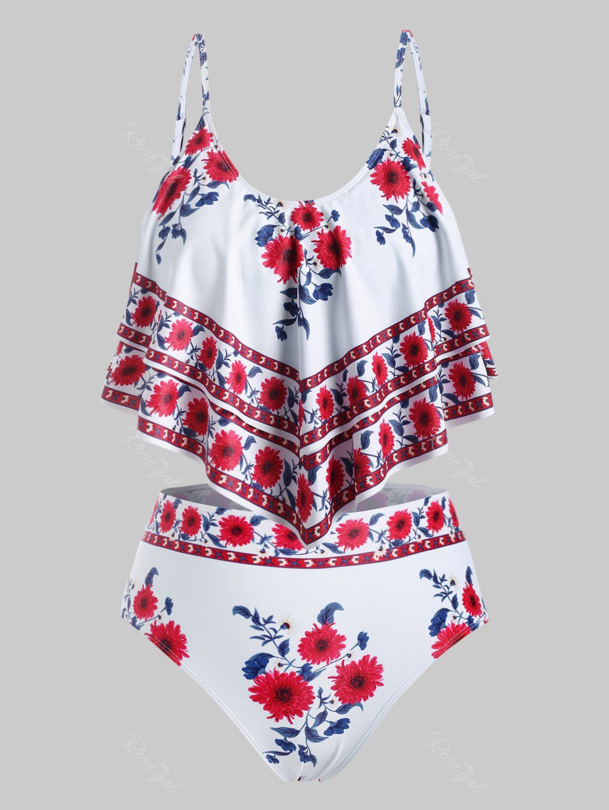 

Layered Flounces Floral Plus Size Tankini Swimsuit, Red