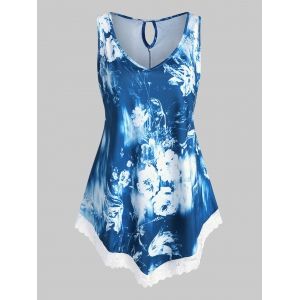 

Keyhole Back Floral Lace Trim Plus Size Tank Top, Blue