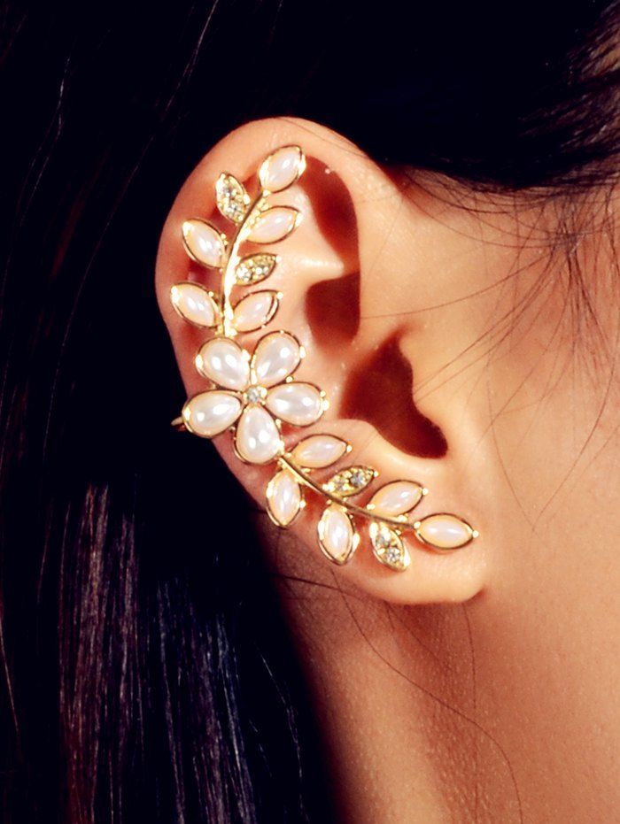 

Leaf Flower Faux Pearl Cuff Earrings, Gold