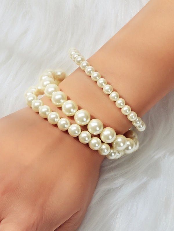 

3Pcs Faux Pearl Beaded Elastic Bracelet Set, White