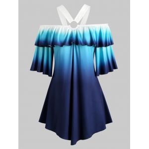 

O Ring Cold Shoulder Flounces Ombre Plus Size Top, Blue