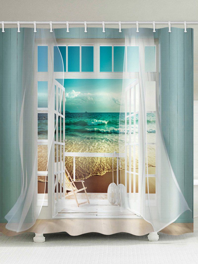 

Window Beach Printing Waterproof Shower Curtain, Blue hosta