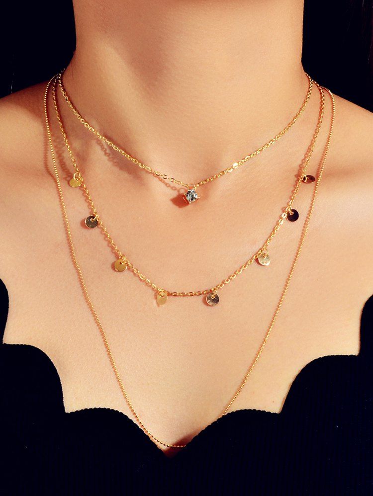 

Discs Rhinestone Chain Layered Necklace, Gold