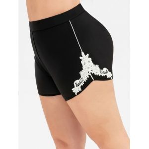 

High Waisted Lace Panel Swim Plus Size Boyshorts, Black