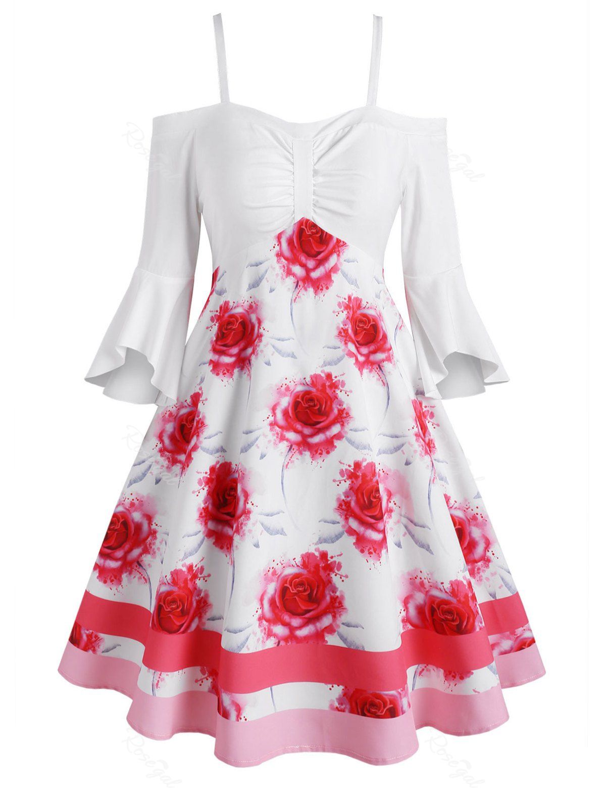 

Ruched Cold Shoulder Flare Sleeve Floral Plus Size Dress, White