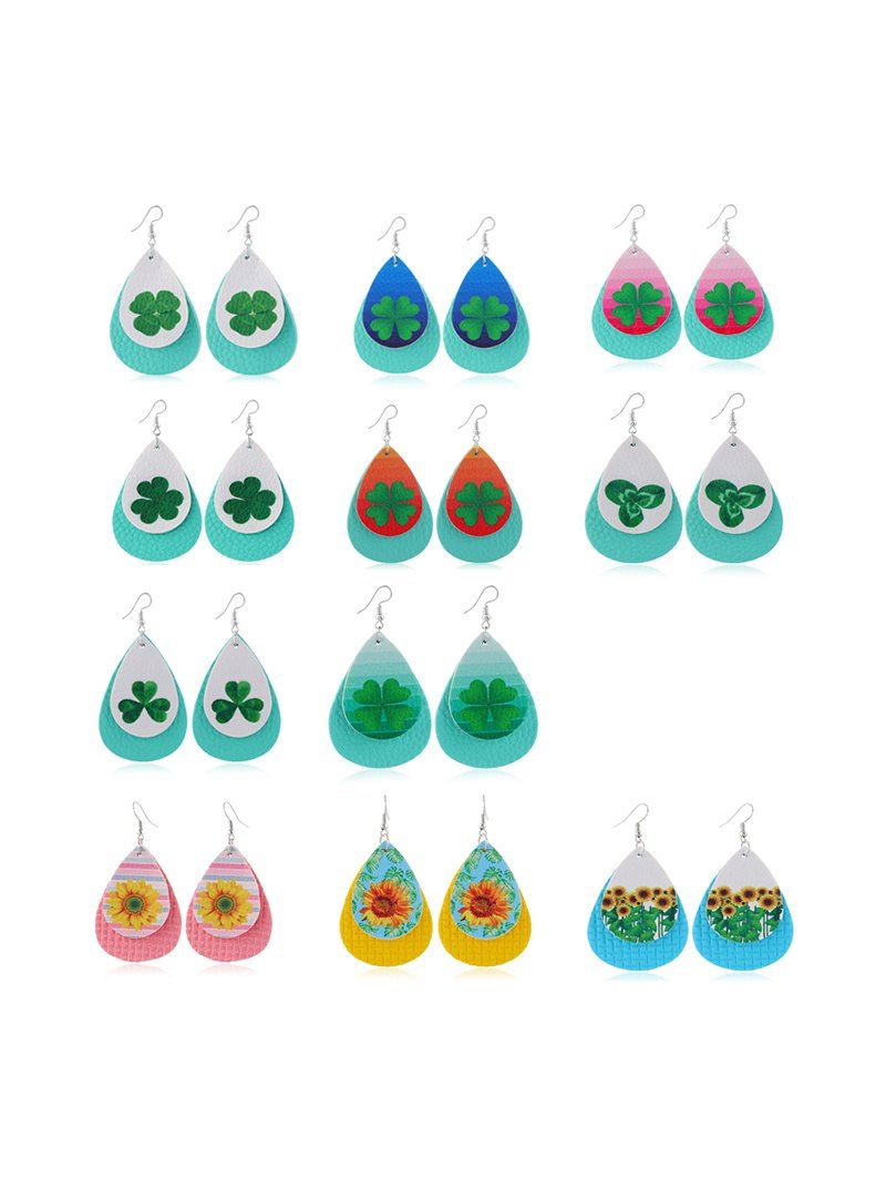 

11Pairs Clover Sunflower Print Layers Earrings Set, Multi