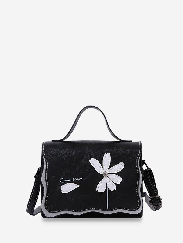 

Flower Stitching PU Leather Cross Body Bag, Black