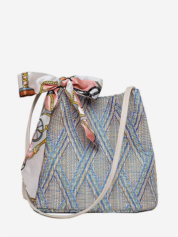 

Ribbon Bow Decor Rhombus Pattern Woven Shoulder Bag, Blue gray