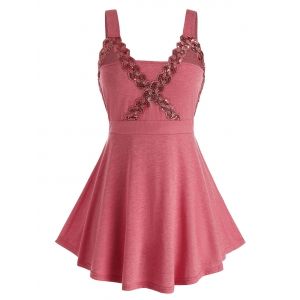 

Plus Size Sequin Guipure Cutout Tank Top, Light coral