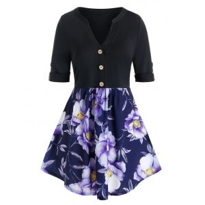 

Buttoned Tab Sleeve Floral Plus Size Blouse, Black