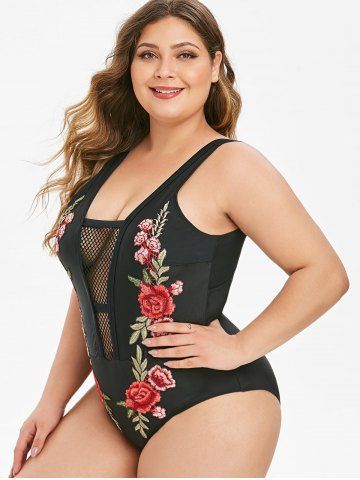 

Fishnet Panel Floral Embroidered Plus Size One-piece Swimsuit, Black