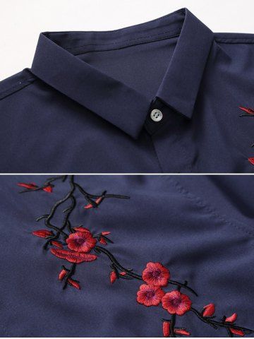 

Flower Embroidered Button Up Short Sleeve Shirt, Cadetblue