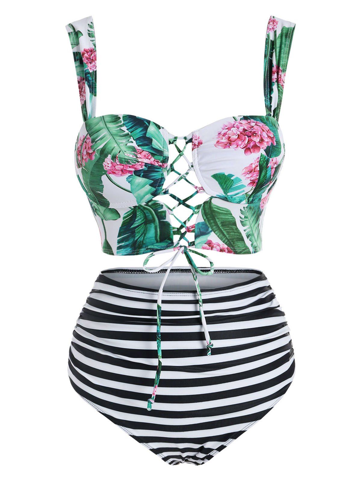 

Tropical Flowers Stripe Print Lace-up Bikini Set, Multi