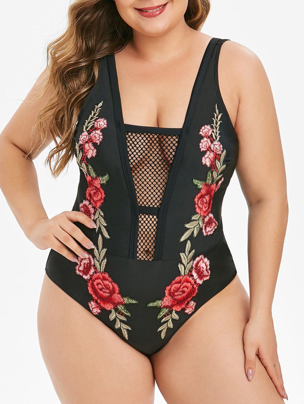 Unique Fishnet Panel Rose Embroidered Plus Size One-piece Swimsuit  