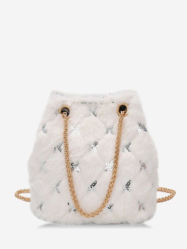 

Sequins Faux Fur Chain Crossbody Bag, White