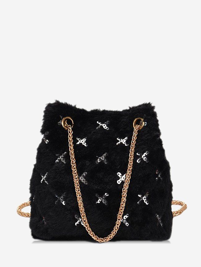 

Sequins Faux Fur Chain Crossbody Bag, Black