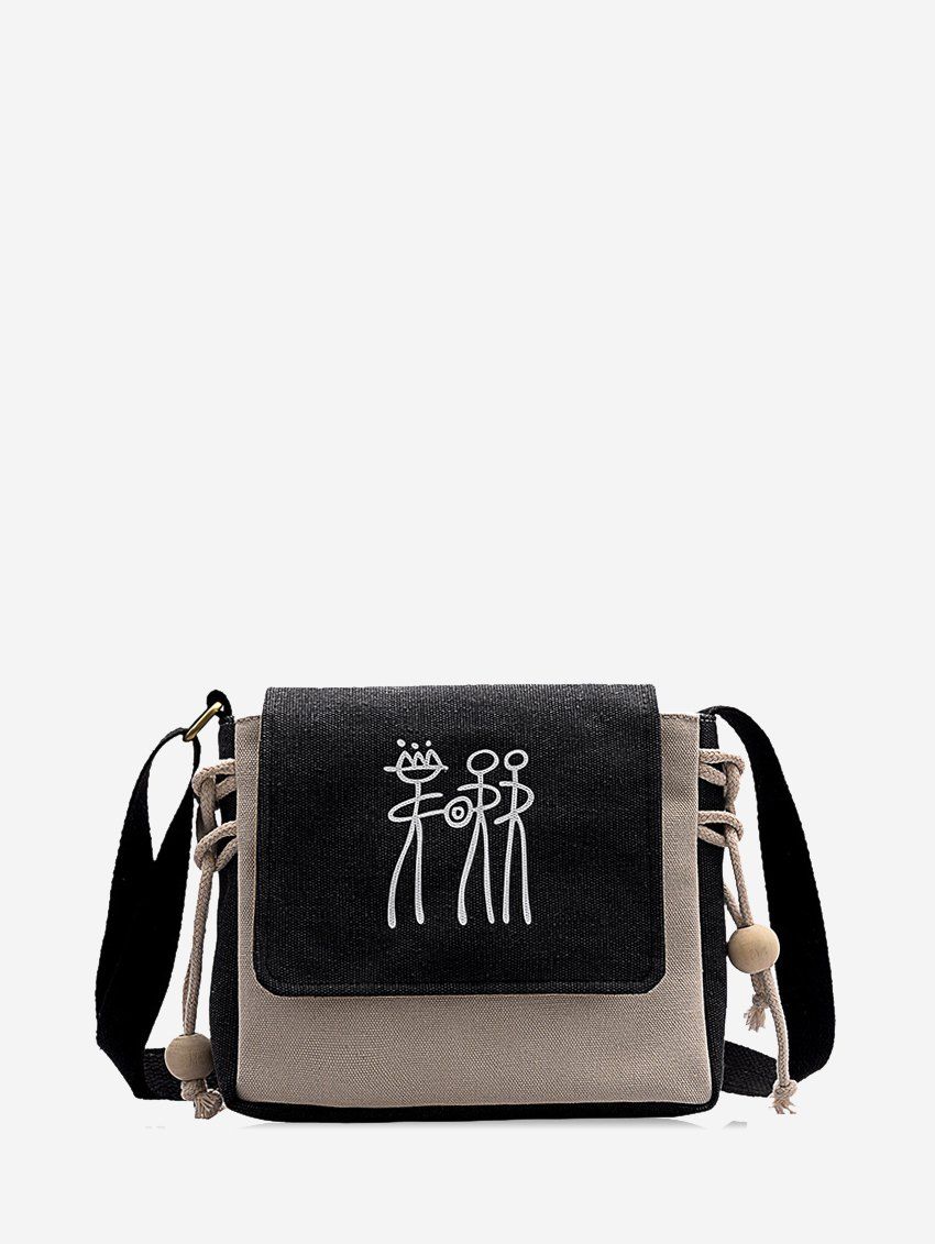 

Hemp Rope Decorate Abstract Print Canvas Crossbody Bag, Black