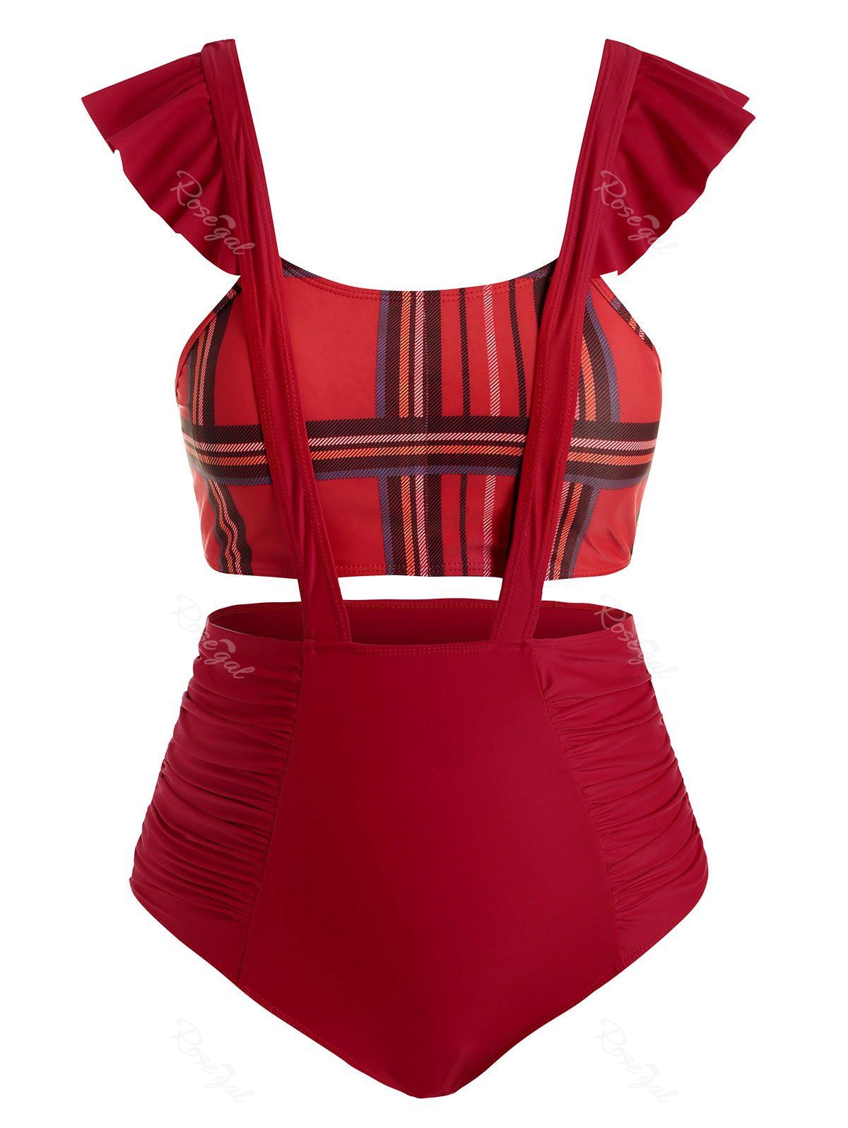 

Plus Size Plaid Ruffle Ruched Tankini Swimwear, Red