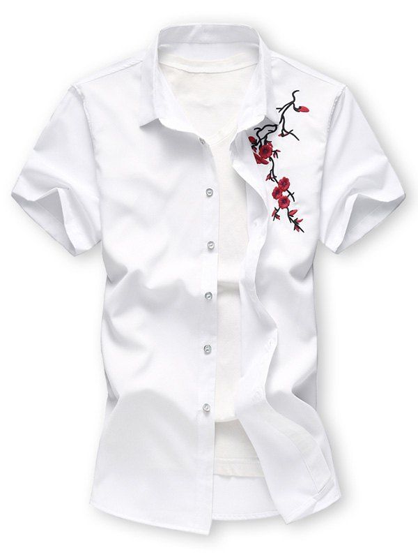 

Flower Embroidered Button Up Short Sleeve Shirt, White