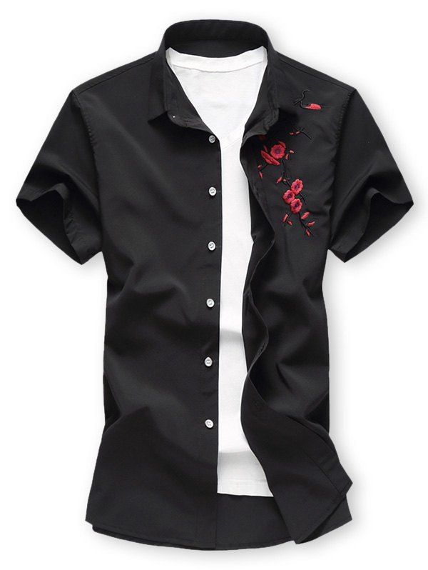 

Flower Embroidered Button Up Short Sleeve Shirt, Black