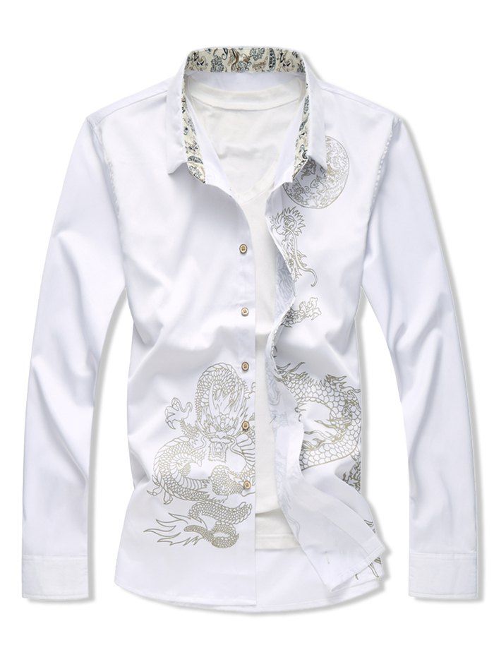 

Dragon Print Button Up Casual Shirt, White