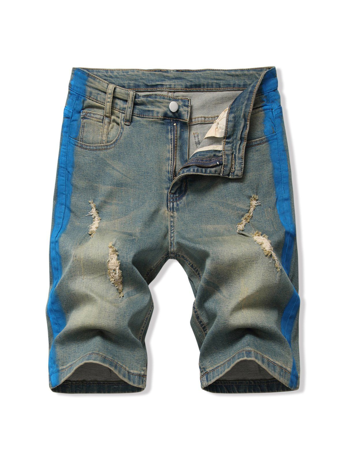 

Ripped Contrast Paint Denim Shorts, Blue