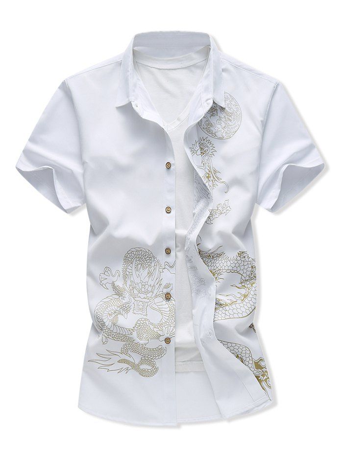 

Dragon Print Short Sleeve Button Up Shirt, White