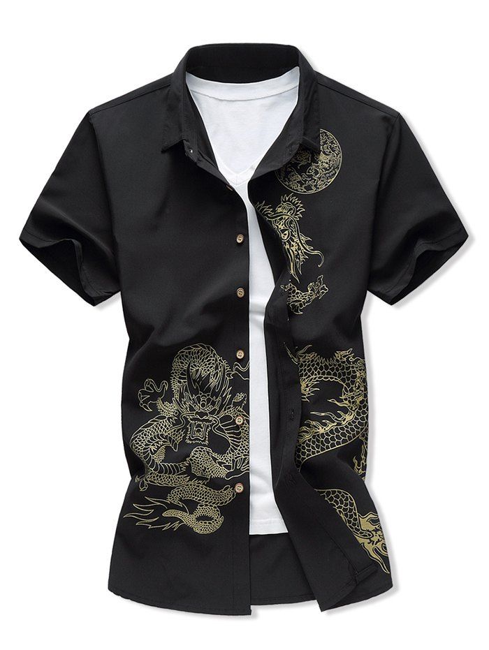 

Dragon Print Short Sleeve Button Up Shirt, Black