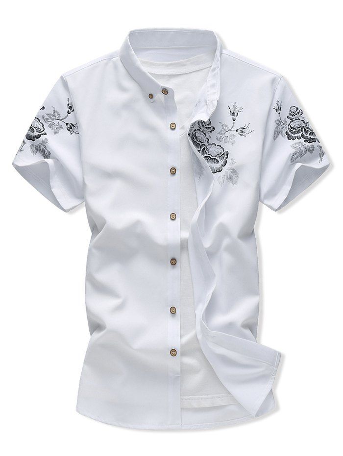 

Short Sleeve Flower Print Button Down Shirt, White