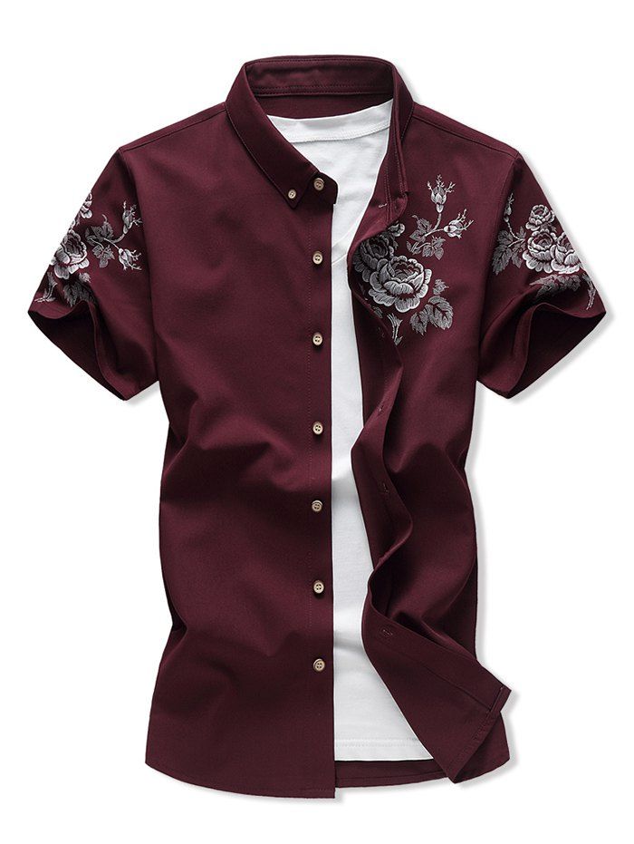 

Short Sleeve Flower Print Button Down Shirt, Red wine