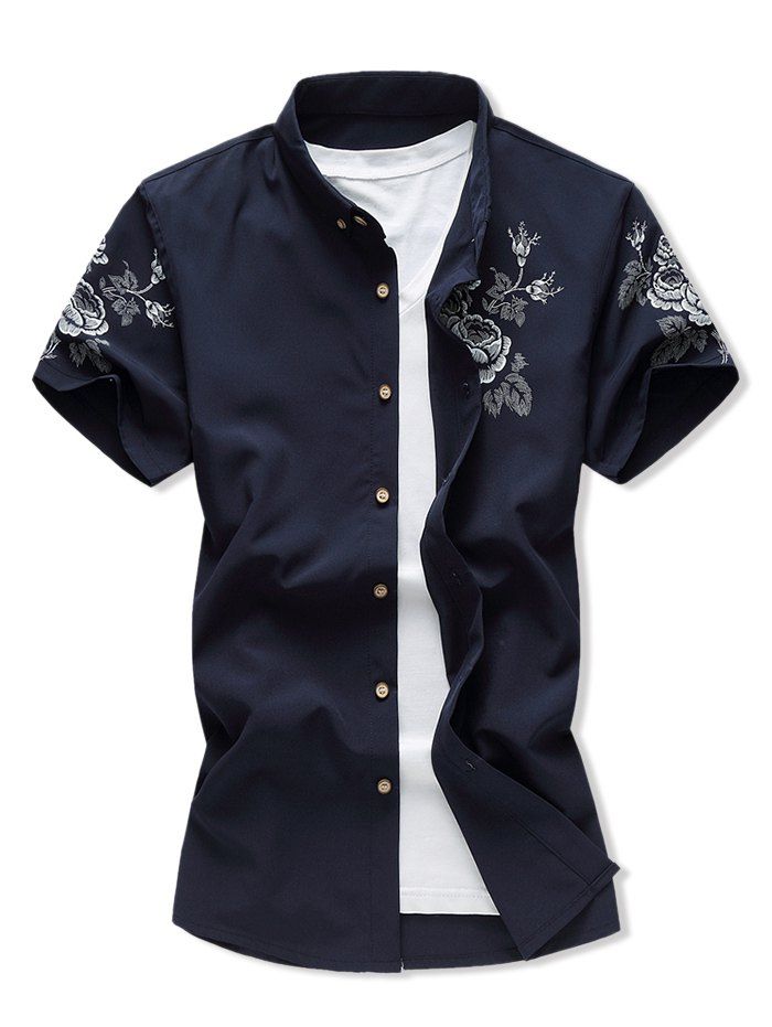 

Short Sleeve Flower Print Button Down Shirt, Cadetblue